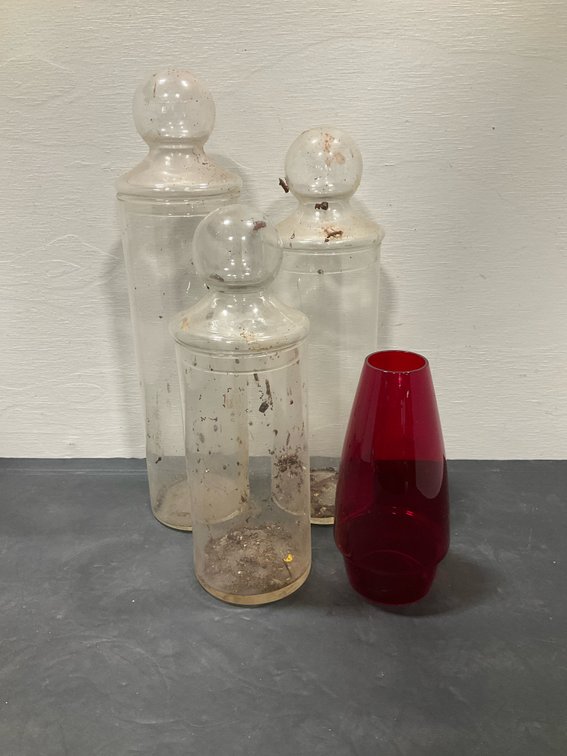 3 clear glass apothecary jars & ruby red glass chimney