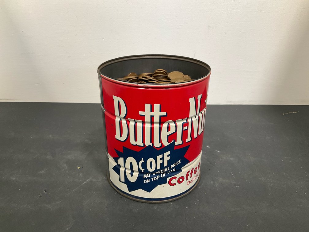 Butter-Nut coffee tin with 2,011 Lincoln wheat cents