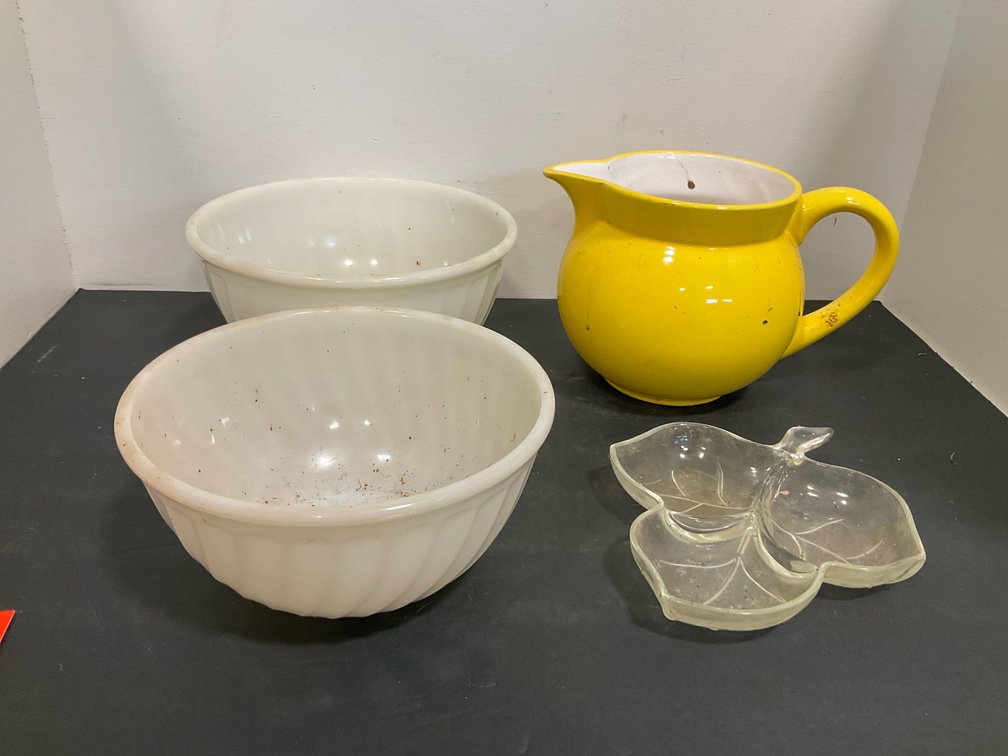 2 milk glass swirl bowls, ceramic pitcher & glass dish
