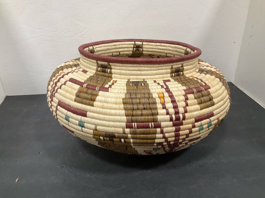 Polychrome coiled woven fiber basket jar