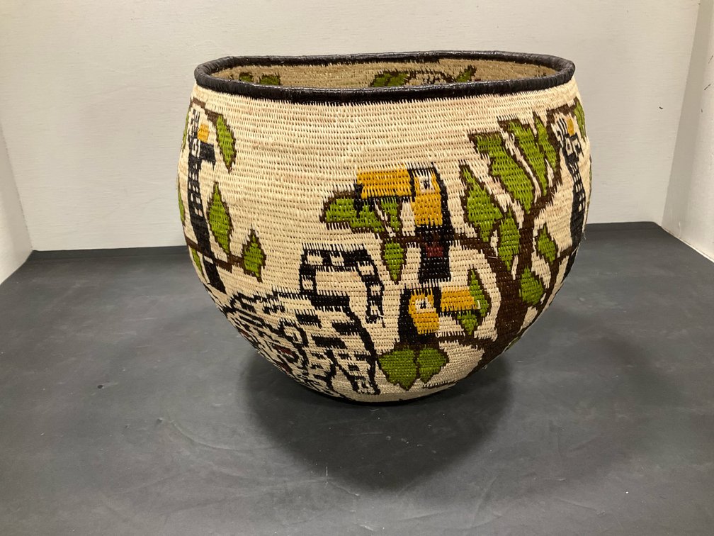 Coiled woven pictorial basket with toucan & jaguar