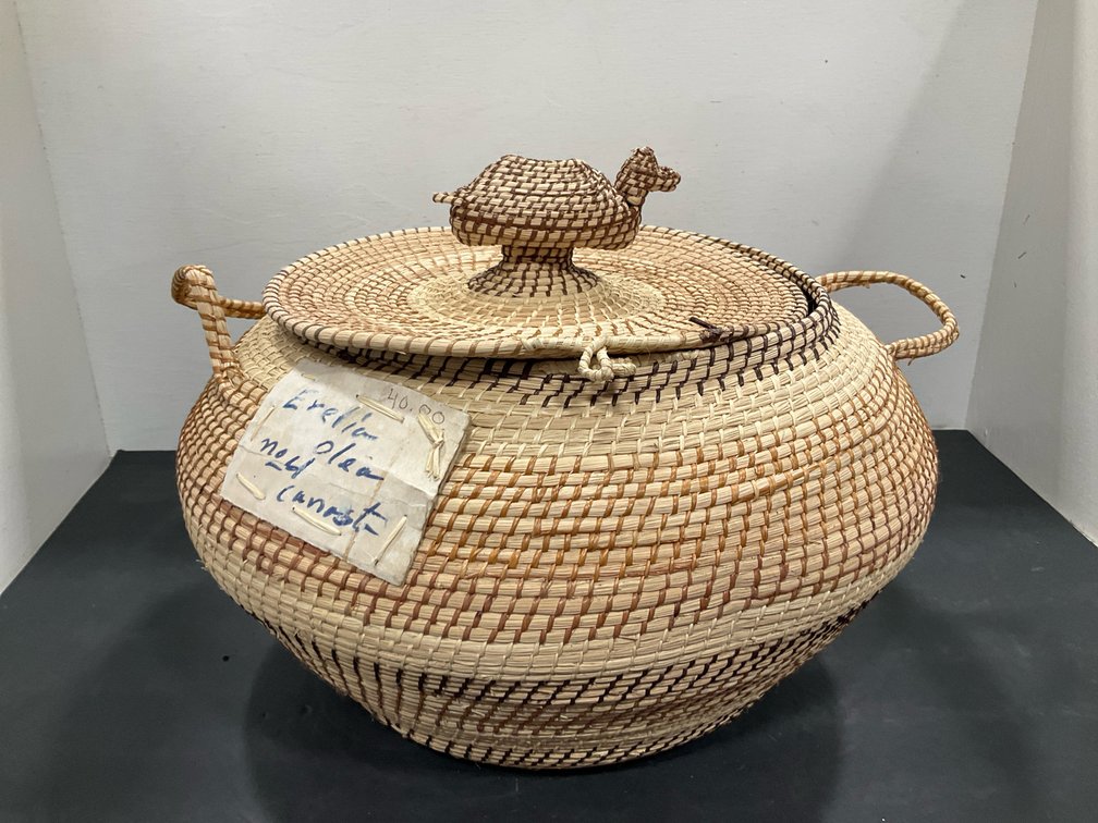 Coiled woven basket with handles & turtle finial lid