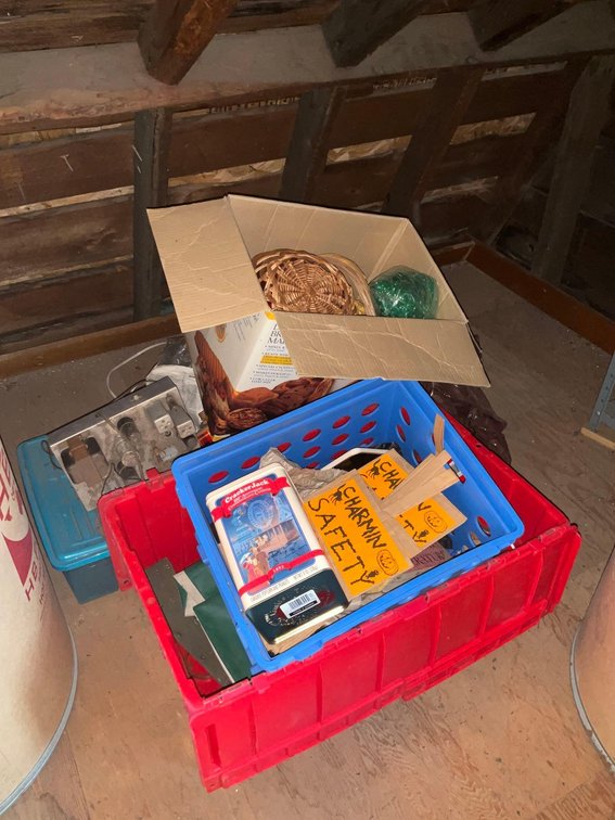 Red storage tote, baskets & assorted-Attic