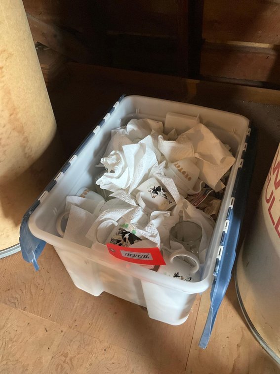 Covered tote, cups & Corelle cups-Attic
