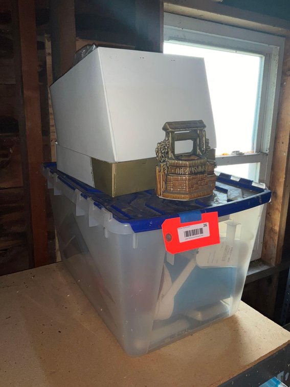 Covered tote, vintage hats & assorted contents-Attic