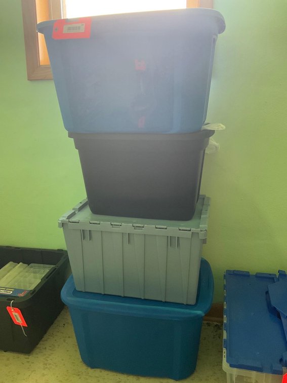 4 covered totes & assorted blankets & contents-Upstairs 