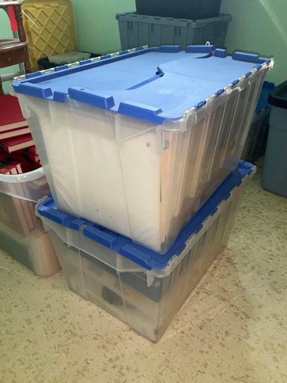 2 covered totes, binders & assorted-Upstairs