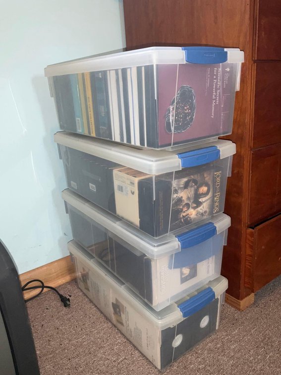 Covered totes, CD’s & assorted-Upstairs