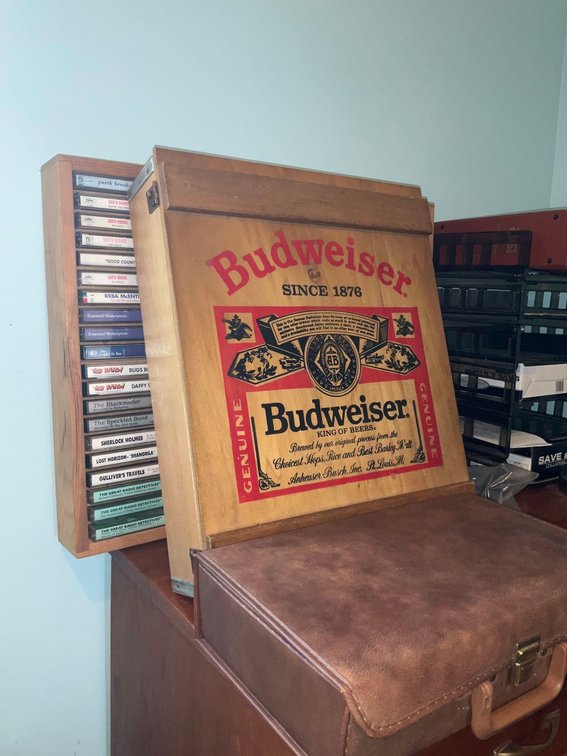 Budweiser hinged box & assorted cassettes-Upstairs