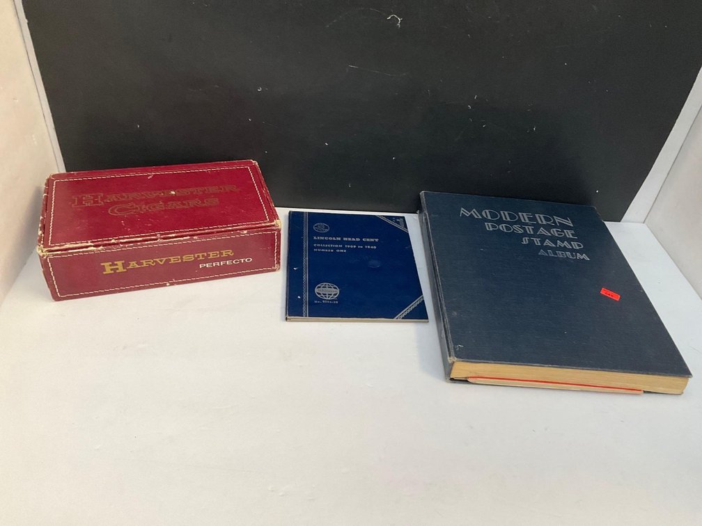 Cigar box, postage album & assorted 