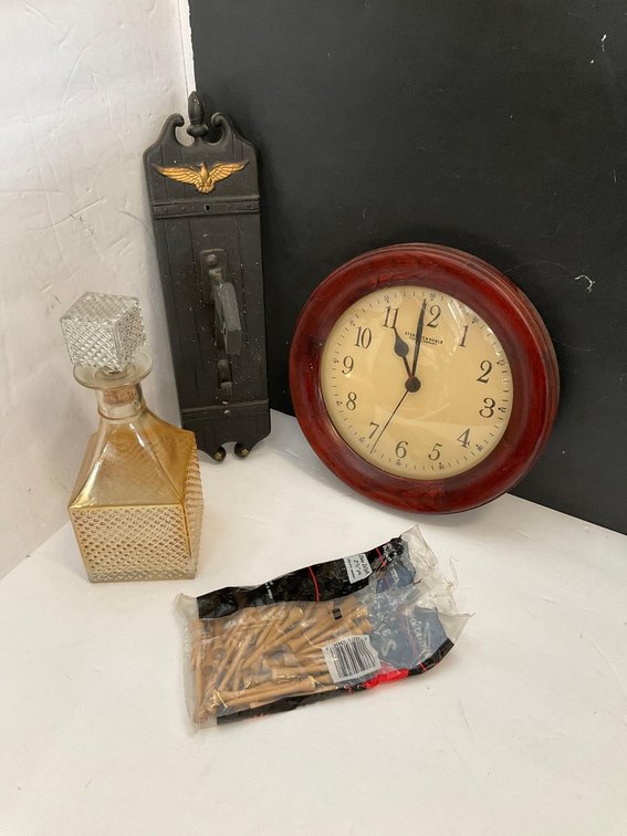 Clock, bottle & assorted 