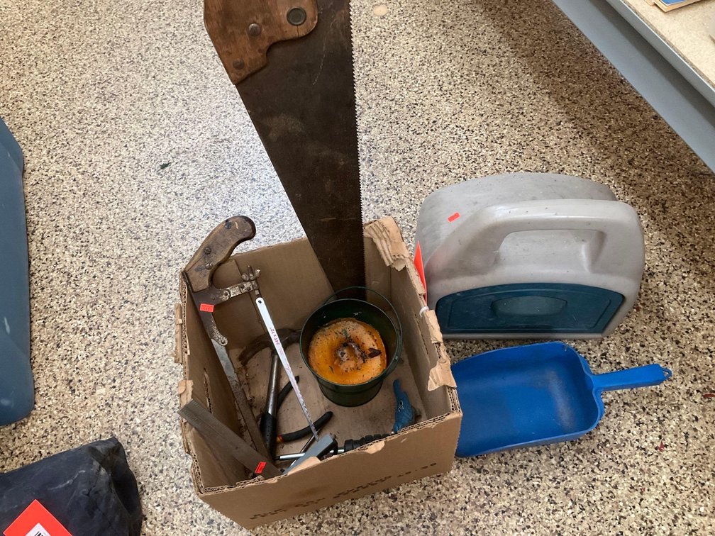 Hand saw & assorted tools 
