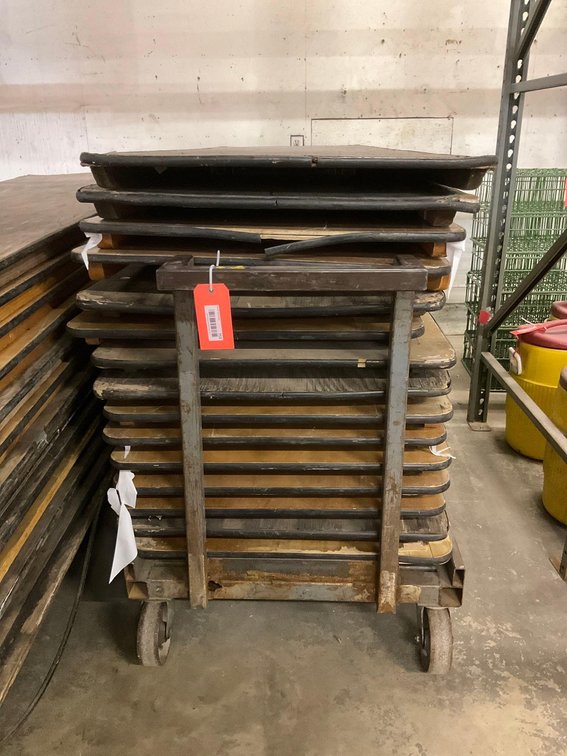Stack of 8’ banquet tables & cart 
