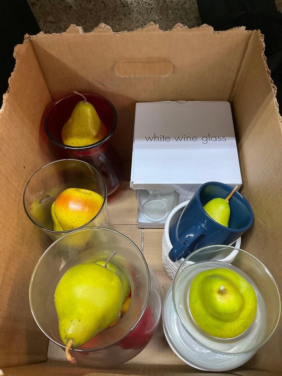 Wine glasses, vases & assorted artificial fruit