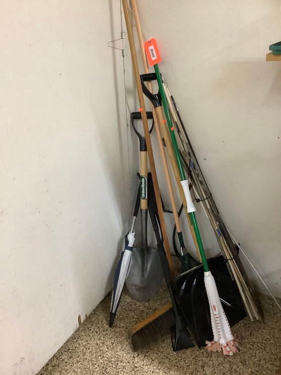 Broom, shovel, rake & assorted