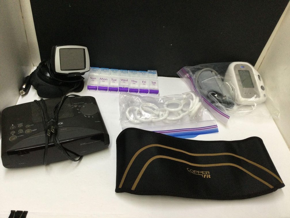 Pill box, Garmin & assorted 