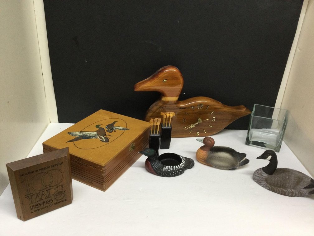 Duck clock, hinged box & assorted