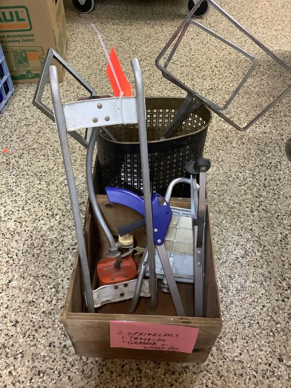 Lawn sprinklers, waste basket & grabber