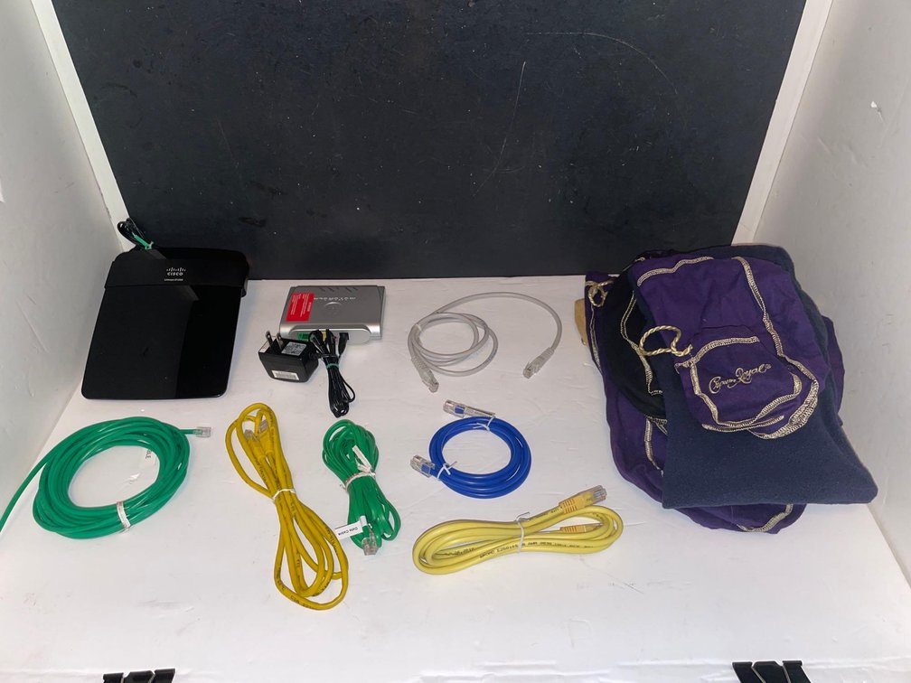 Crown Royal bags, Linksys & assorted cords-Office 