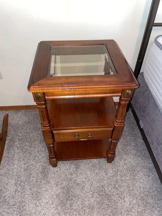 Lamp table with glass insert & drawer 16x16x25”-Bedroom 