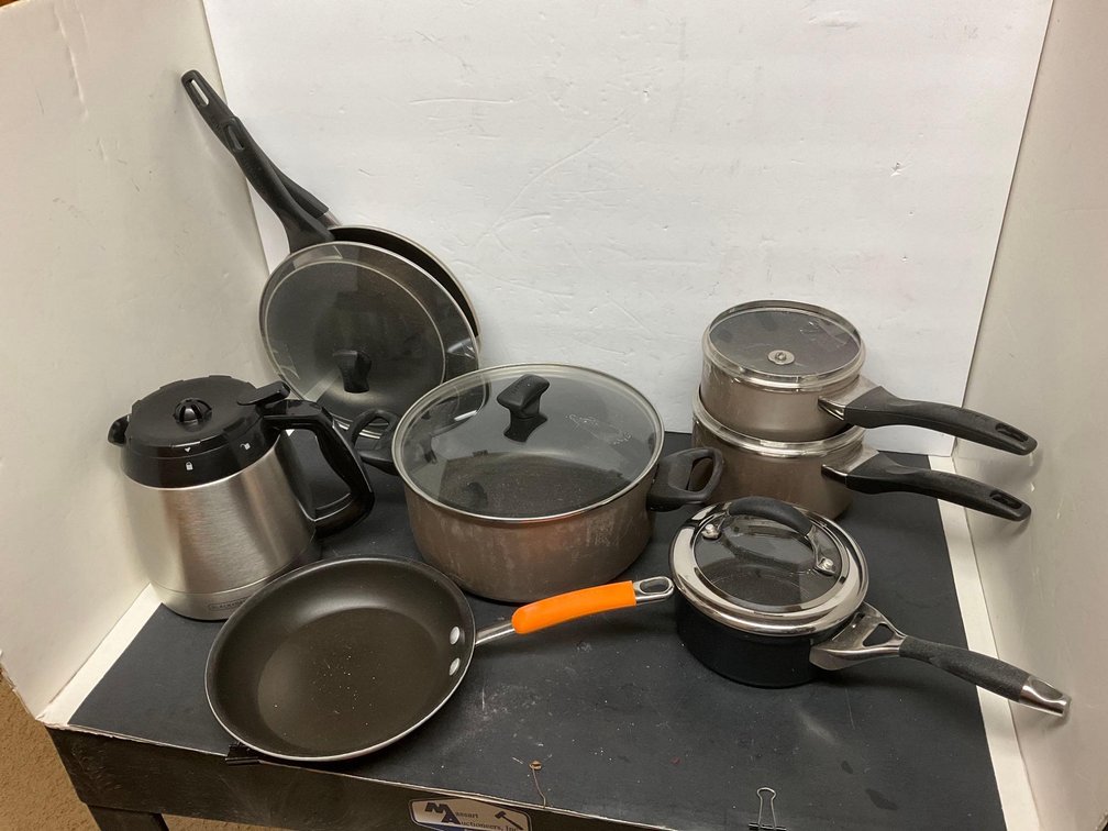 Pots, pans & assorted on shelf-Basement 