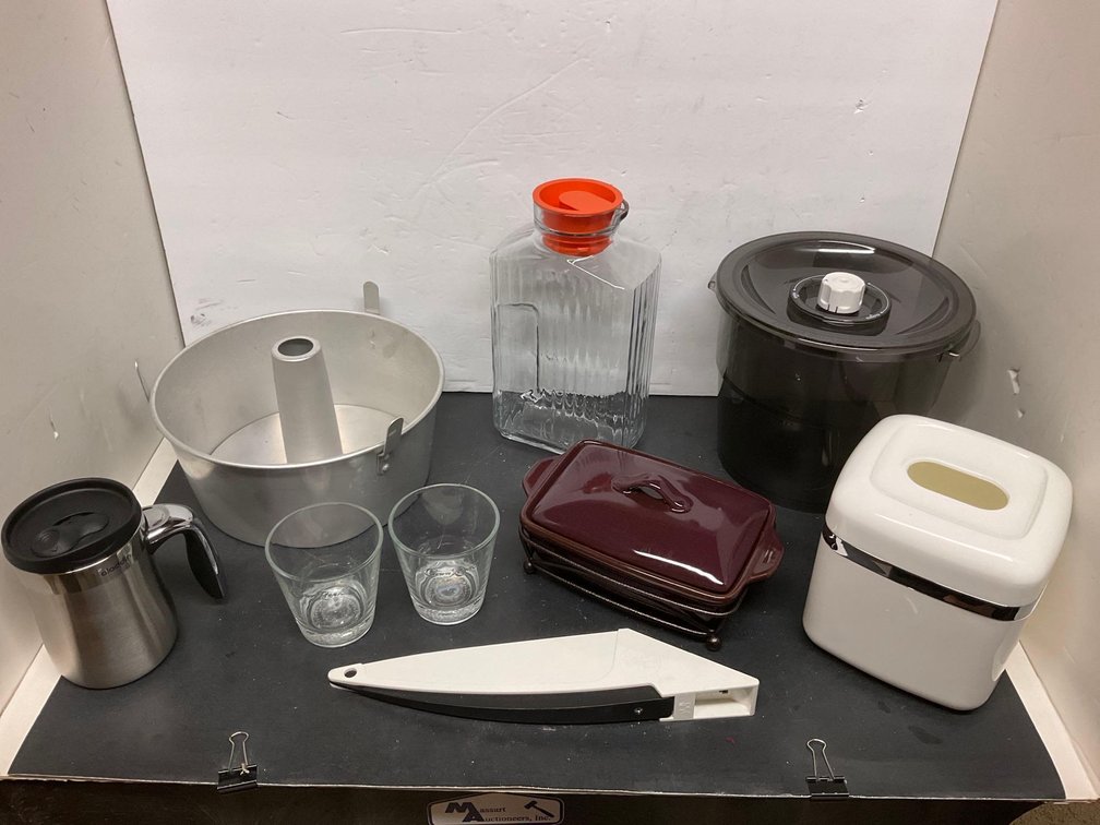 Glasses, cake pan & assorted on shelf-Basement 