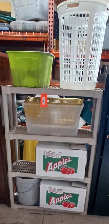 Plastic 4 shelf 36x54x12 shelf w/all contents on shelf including shelf