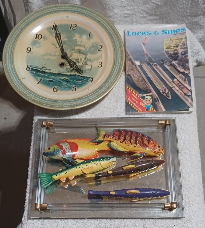 Sailaway Lamp 31", Vtg 10" Steel Smiths Clock, Fish D\uFFFdcor 5" & Locks/Ship Book