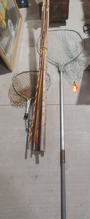Cane poles 8 each Various lengths, w/2 fish nets 10ft & 28" w/tub of rod/reels