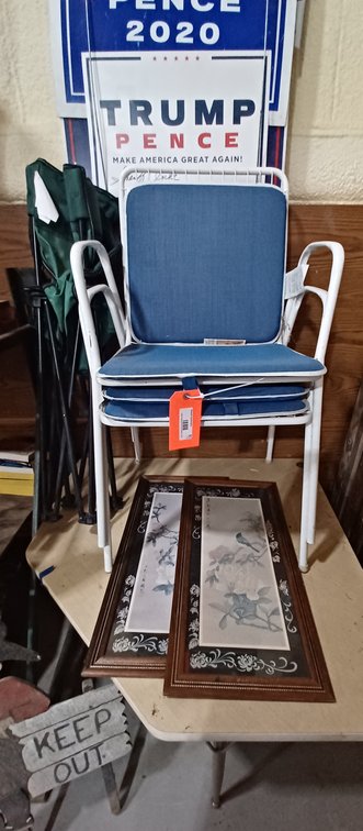 3 Lawn chairs , Corner Table 36 x 36, 2 ea wall d\uFFFdcor 27 x 12, Keep Out 27 x 18