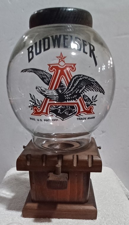 Vtg Budweiser Wooden Peanut Dispenser glass globe 13 x 8