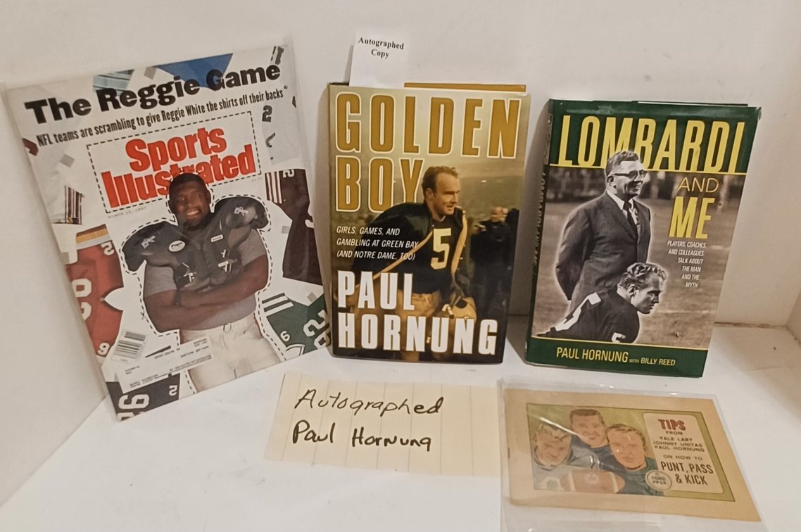 Vtg Paul Hornung signed book "Golden Boy", w/Lombardi & Me, SI Reggie White