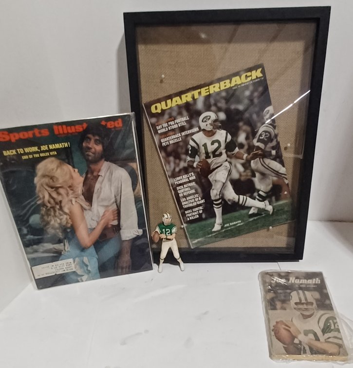 Joe Namath Shadow Box 16x12 & 5" Statue, 1970 & 69 Mag Cover - RARE