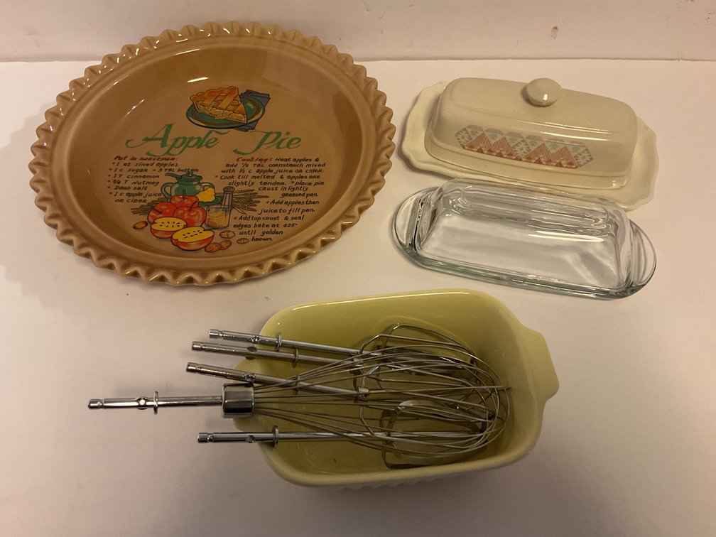 Covered butter dishes, pie plate & assorted-Kitchen 