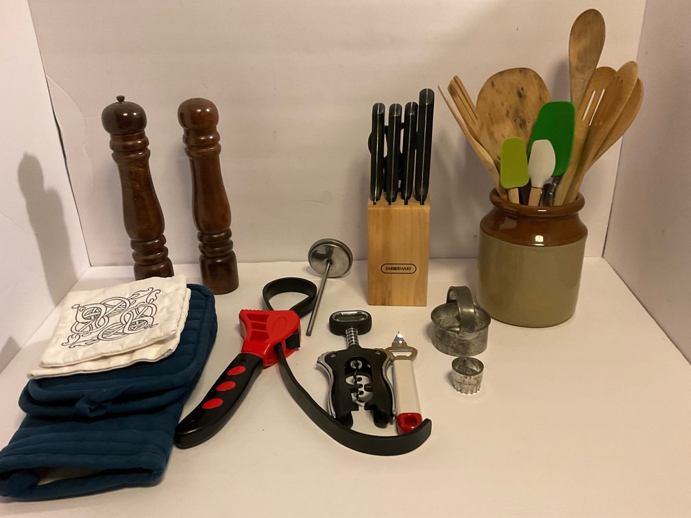 Hot pads, knives in block & assorted utensils-Kitchen 