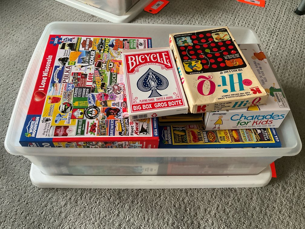 Low profile covered tote, puzzles & games-Living room 