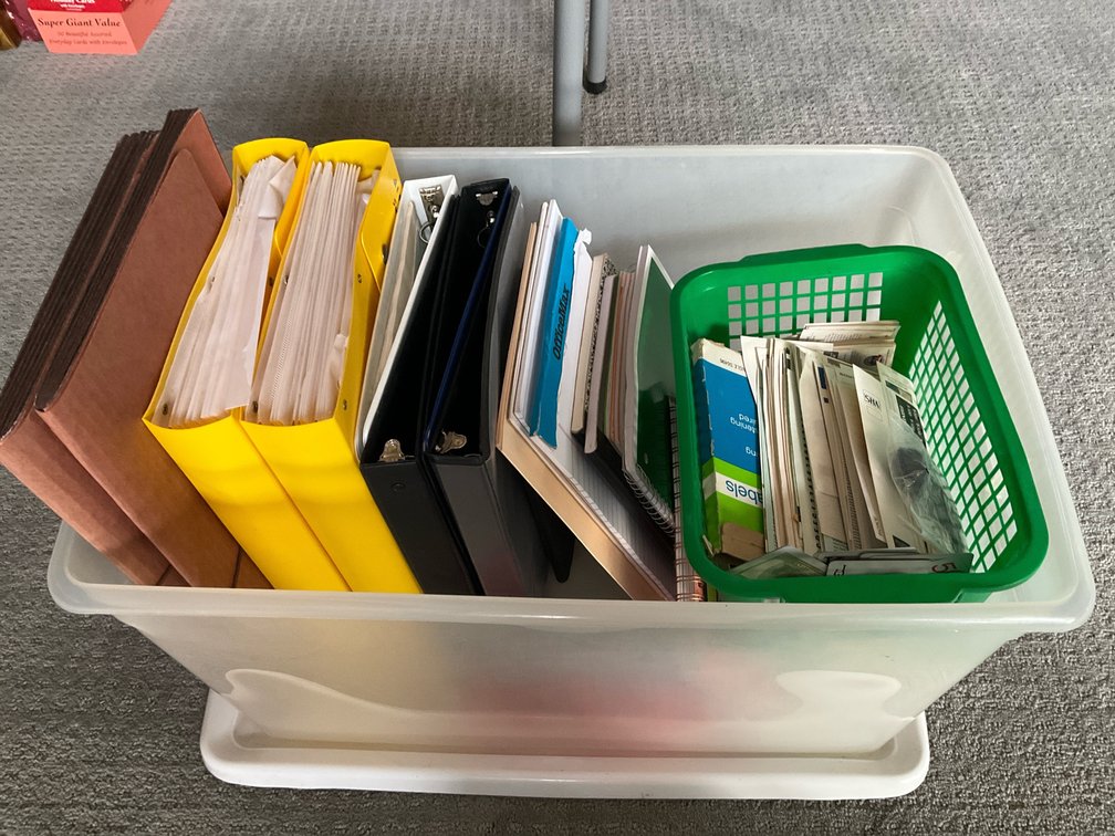 Covered tote-binders & assorted-Living room 