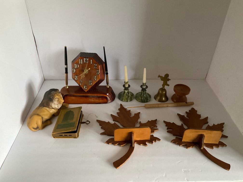 Clock, bell, candle holders & assorted-Living room 