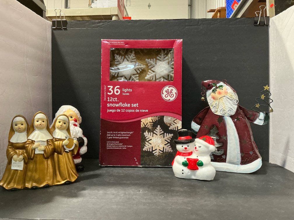 Snowflake lights, holiday decorators, candles