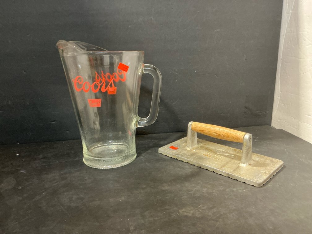 Glass Coors pitcher & bacon press