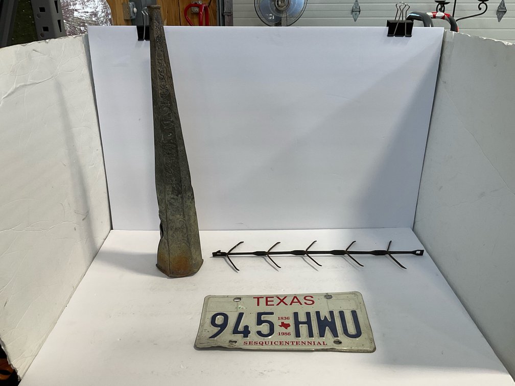 License plate, cone shaped metal vase & assorted 