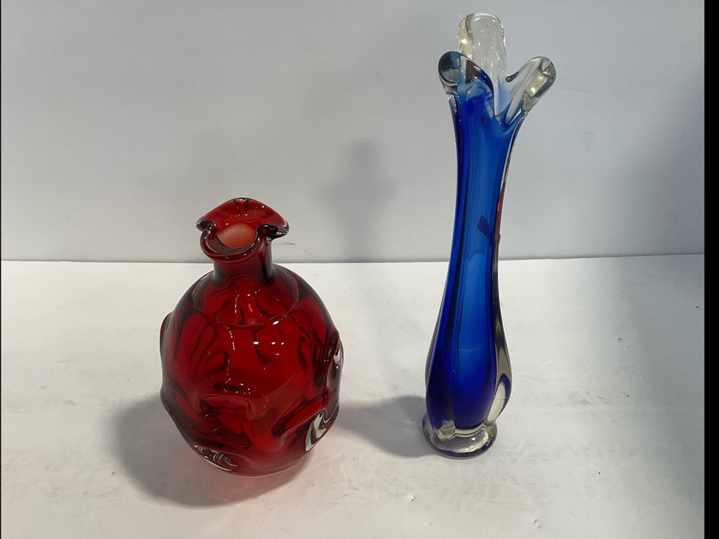 Heavy art glass bottle & vase 