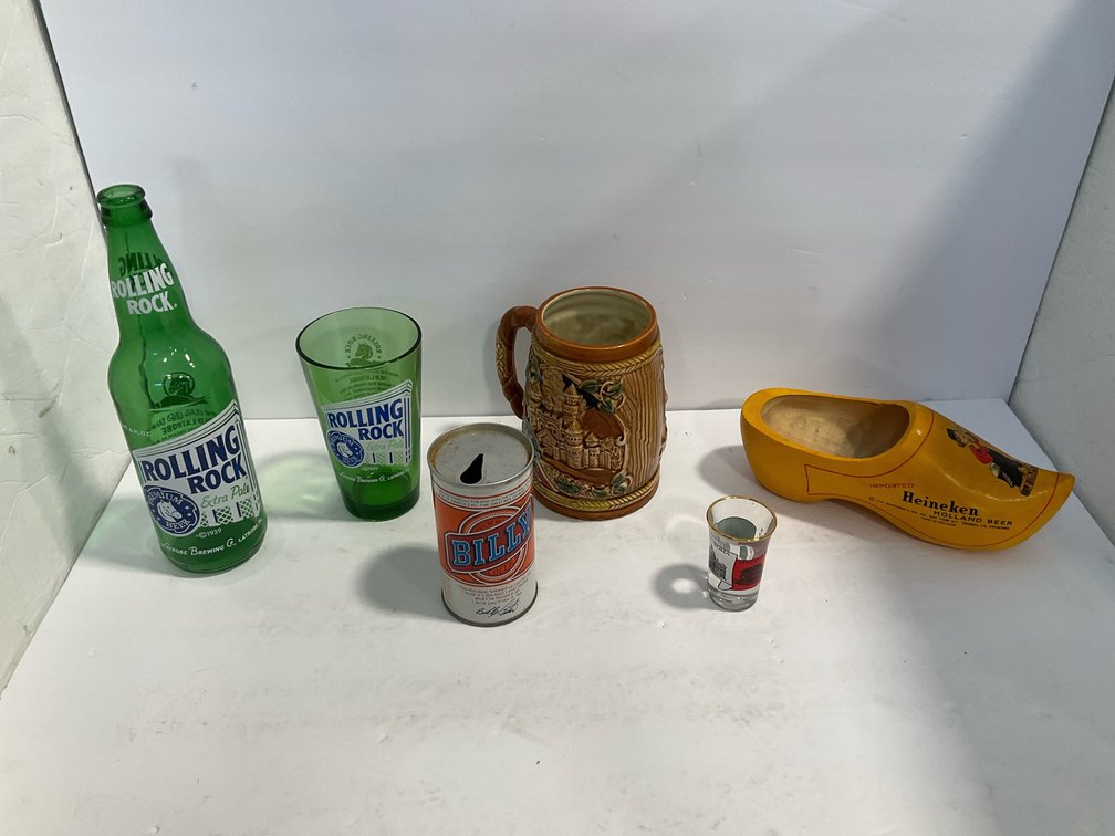 Wood shoe, bottle & assorted 