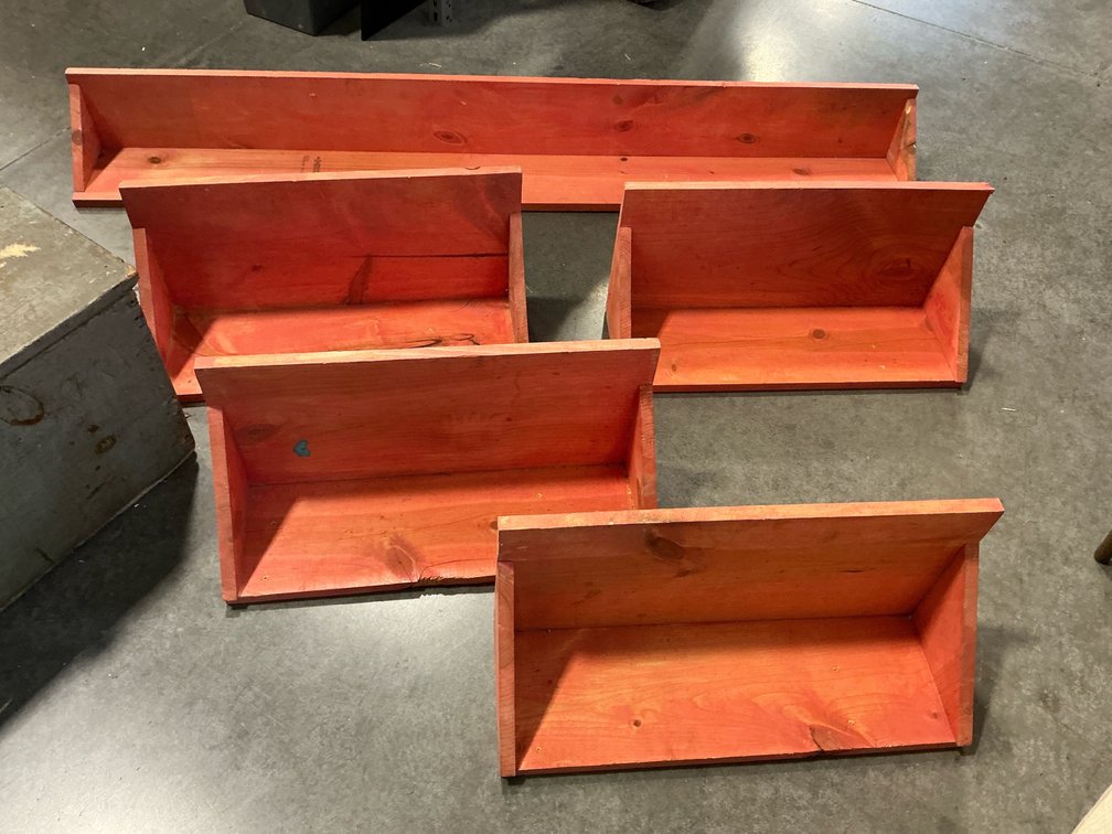 Four wooden shelves 24 inches long – one is cracked, one 68 inch wooden shelf