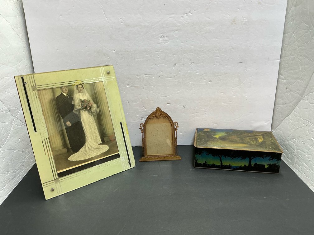 Metal box, wedding picture & assorted 