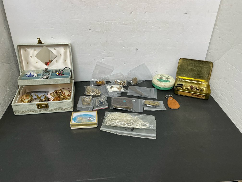 Jewelry box, tins & assorted jewelry