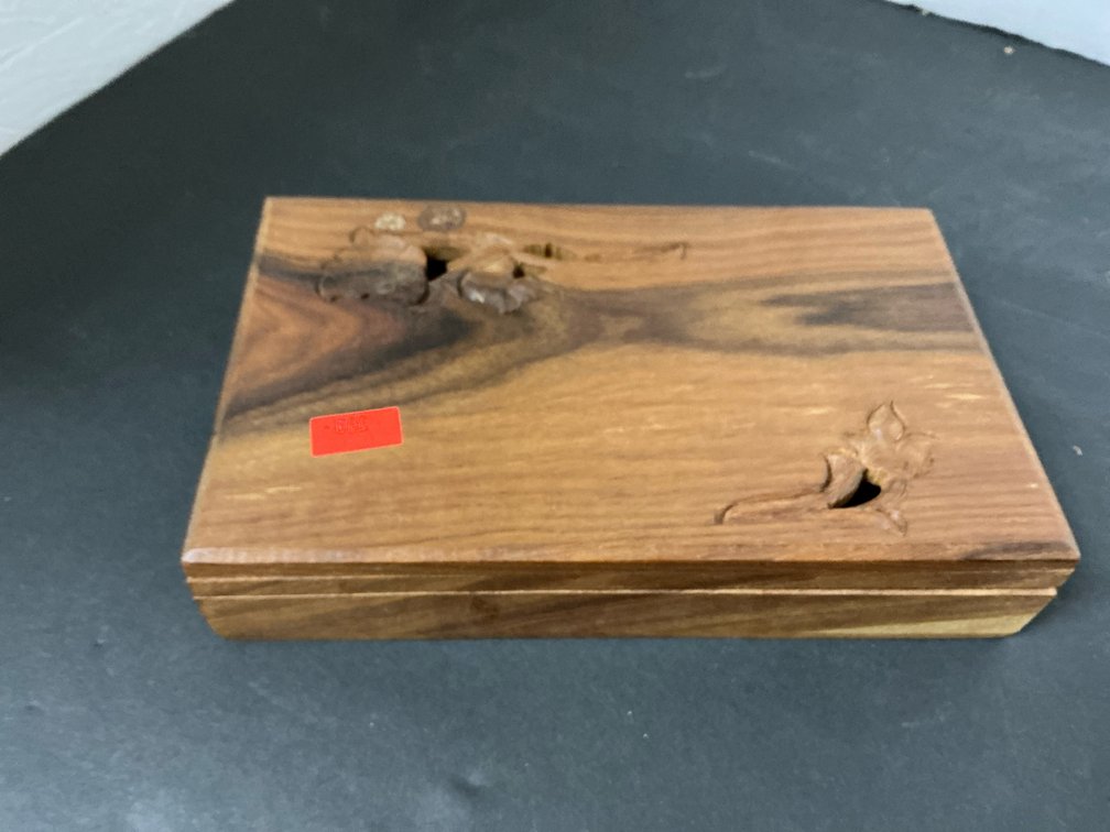 Small wood box, medallion & foreign coins 