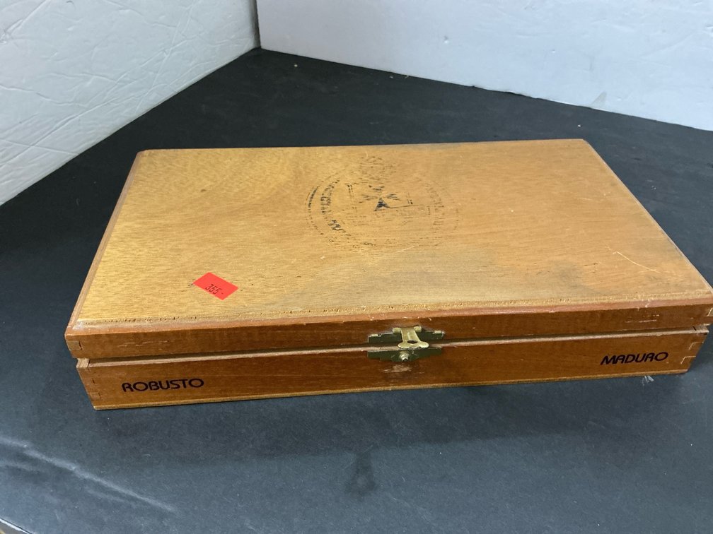 Cigar box, scissors & assorted 