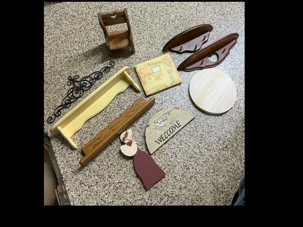 Wood doll chair, shelf & assorted 