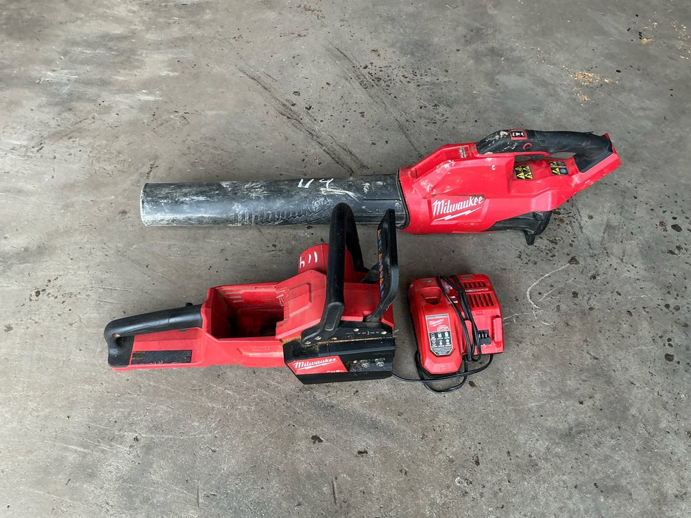 Milwaukee M18 FUEL Blower, Chainsaw Powerhead, and Rapid Charger